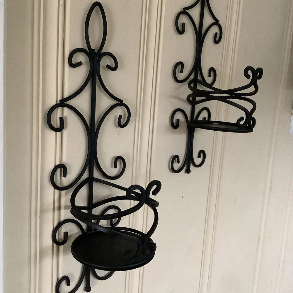 Vintage Black Coated Brass Swirl Wall Sconces Glass Candle Holders Candelabra